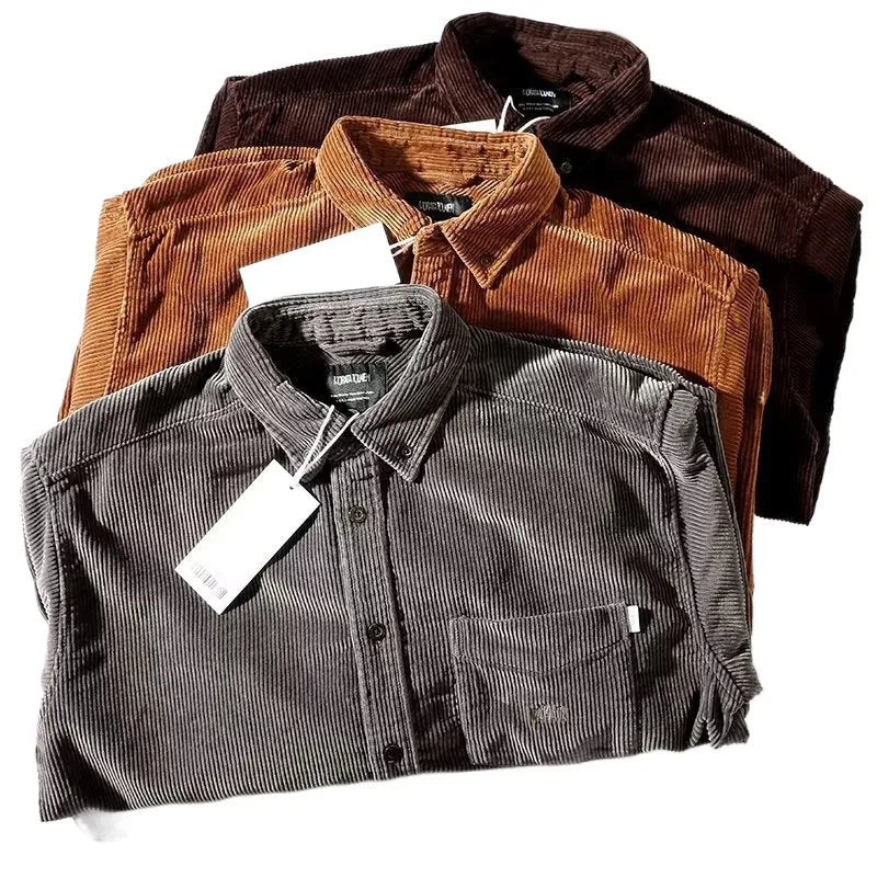 Corduroy loose fit cardigan-style shirt in caramel colour with long sleeves