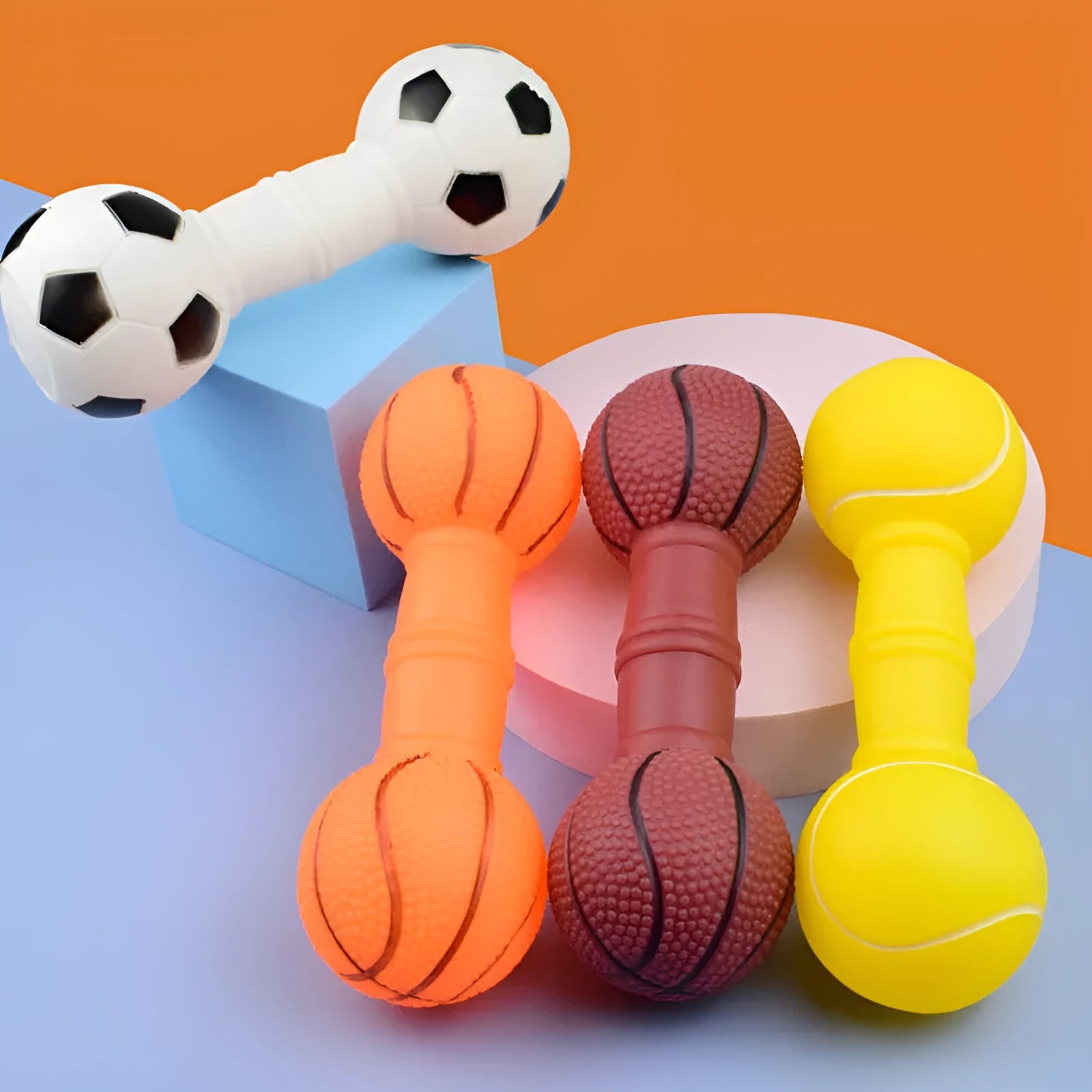 PVC football dumbbell shaped dog squeaky toy in four colour options