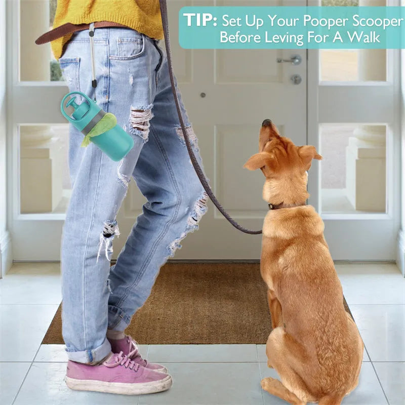 Blue plastic portable dog pooper scooper with built-in bag dispenser and eight-claw shovel