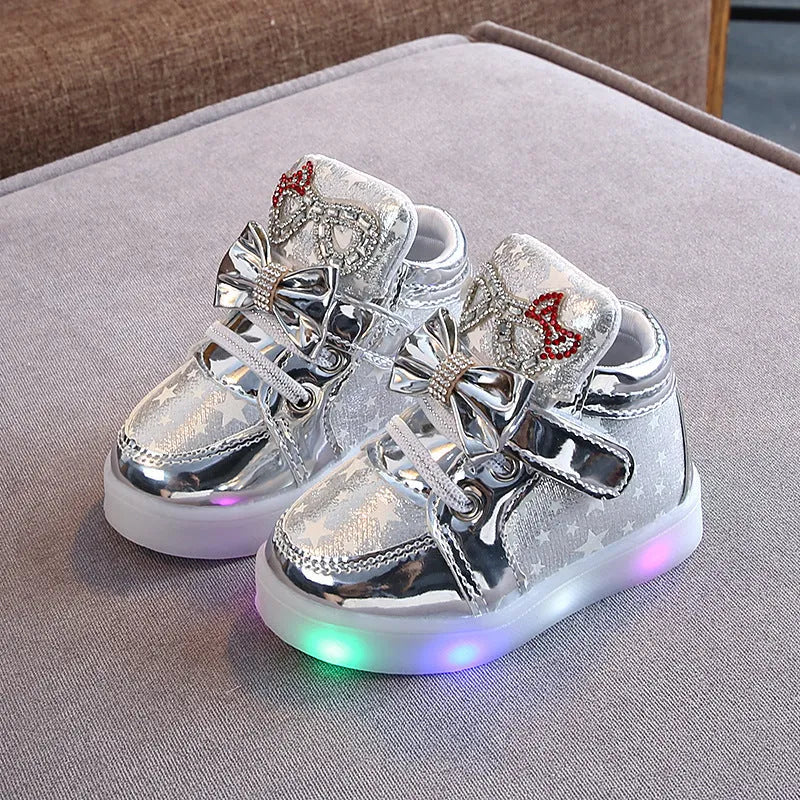 LED shoe magic button in golden with illuminated light, for children's shoes sizes EU 21-30