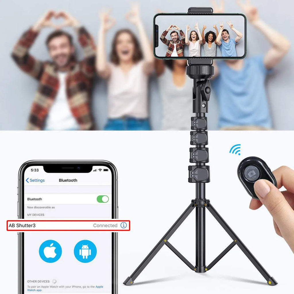 Black aluminium selfie stick tripod with 5 sections, compatible with Apple iPhones