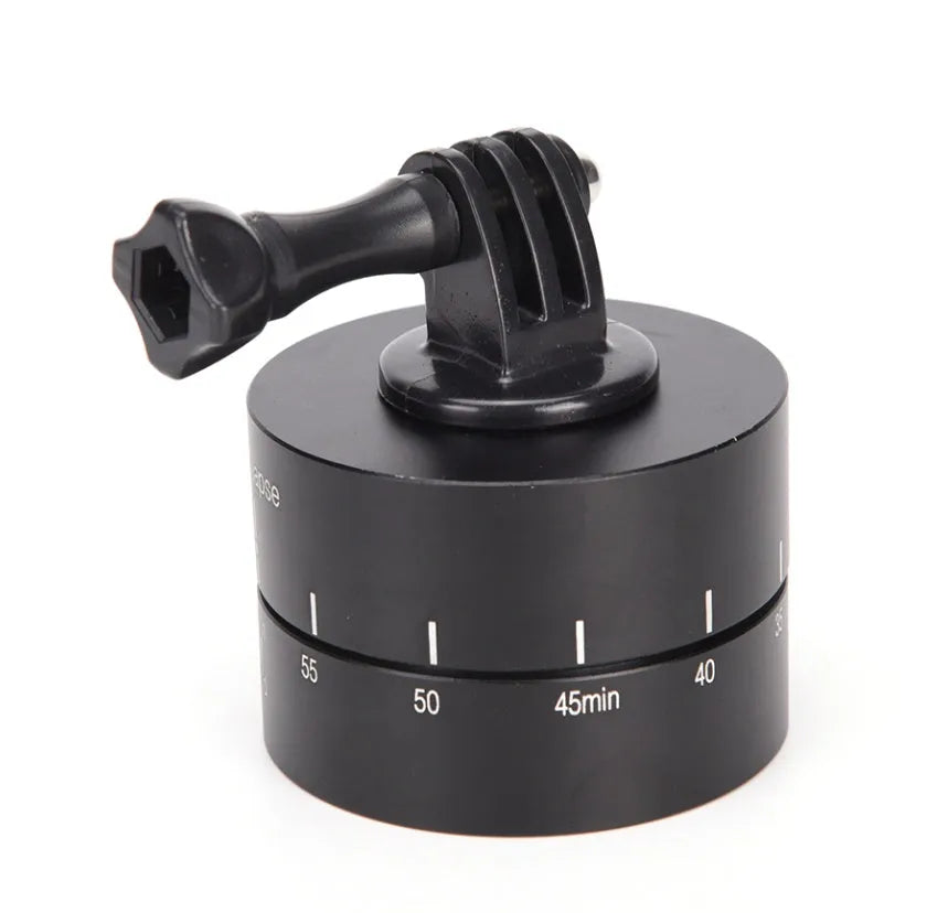 360-degree auto rotate camera tripod head on a tripod, compatible with GoPro and DSLR cameras.