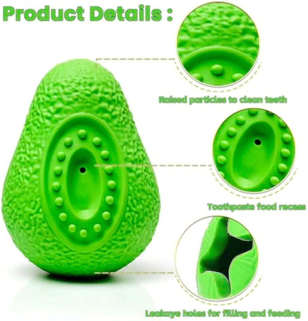 Green avocado-shaped heavy duty rubber dog chew toy for aggressive chewers and teeth cleaning.