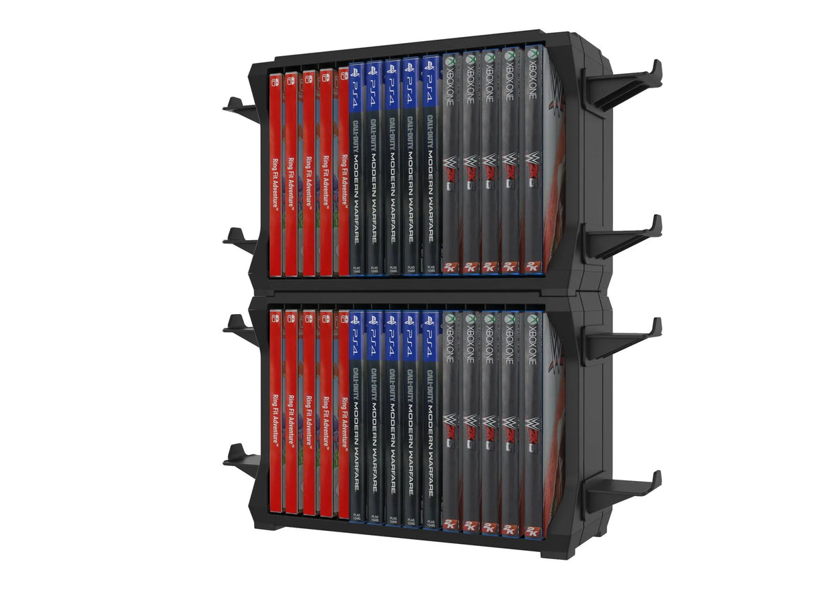 Black ABS plastic game disc and controller storage holder for PS5 and Xbox Series X consoles