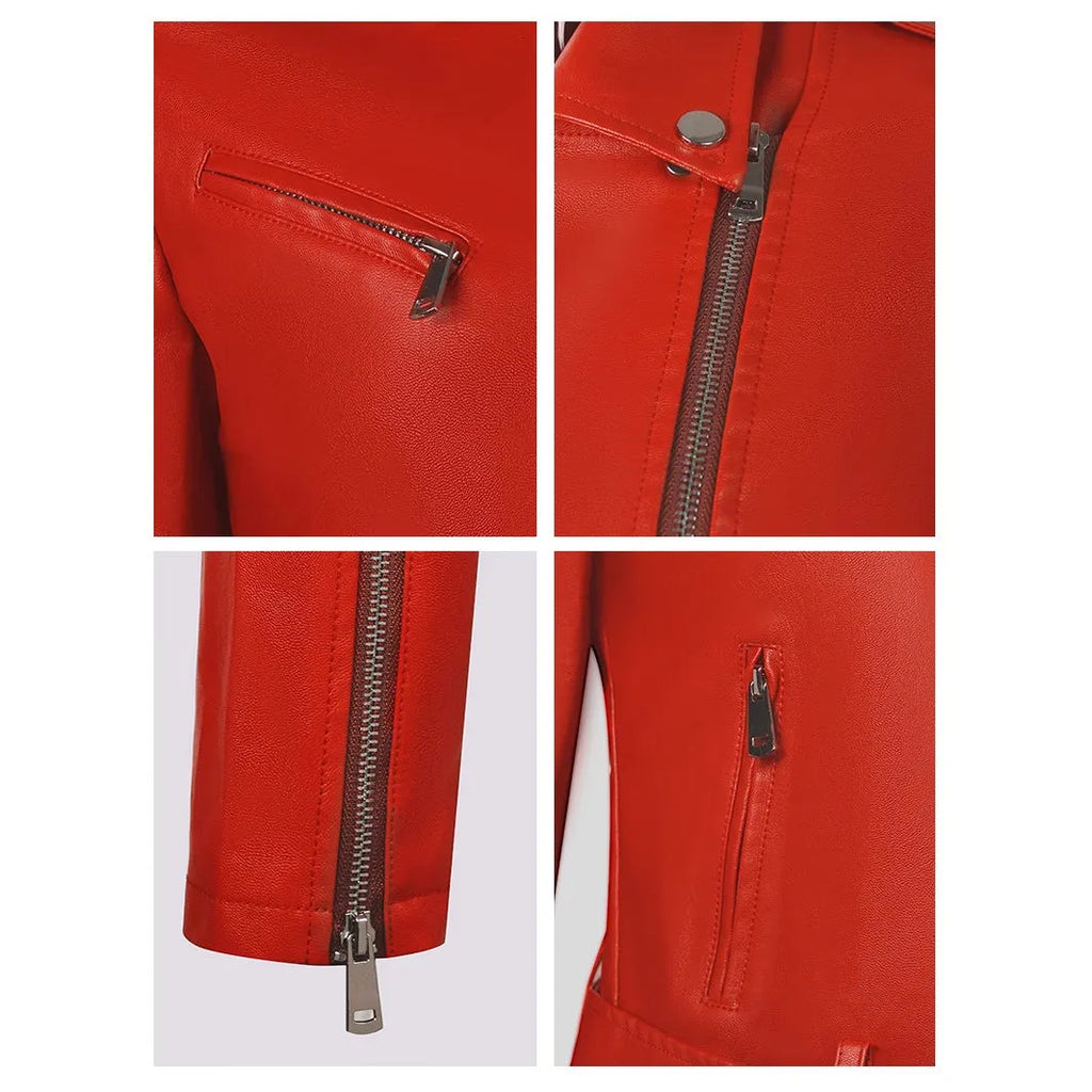 Women's black PU leather motorcycle jacket with lapel collar and waist belt detail