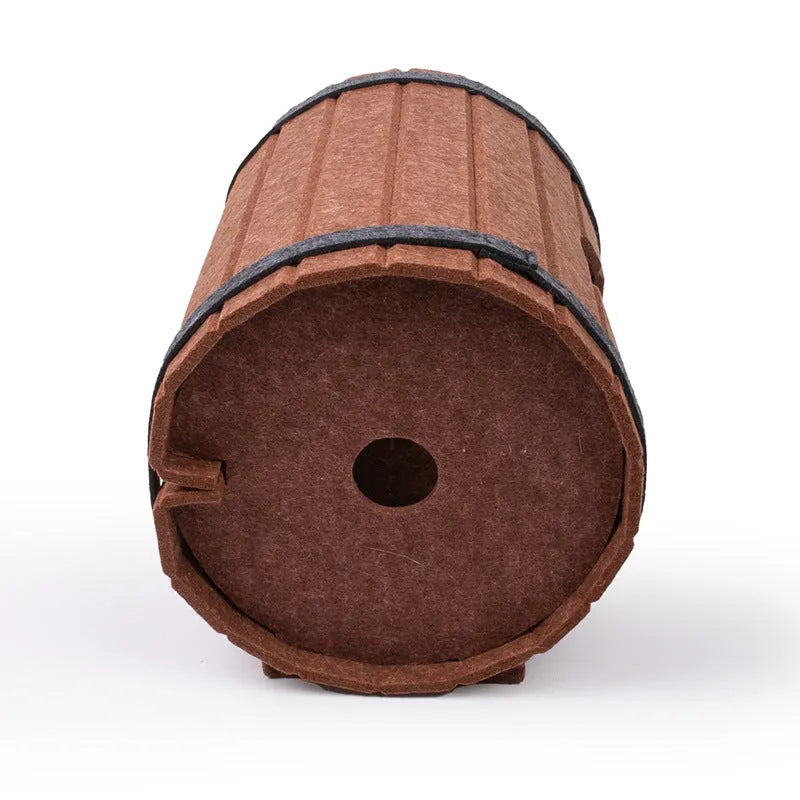Assembled wine barrel shaped cat bed made from three polyester fibre felt panels