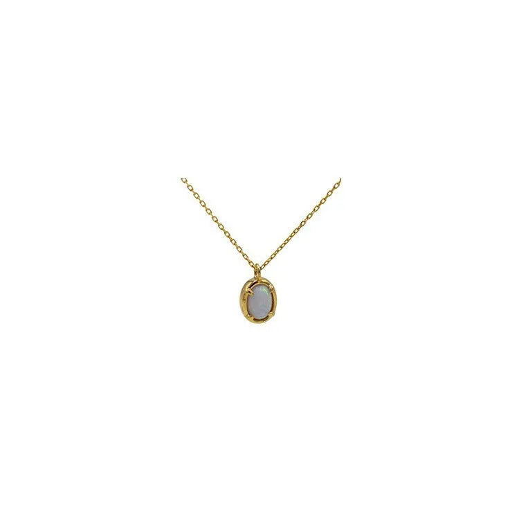 Geometric oval pendant necklace with jelly opal stone in silver setting with gold or white gold finish