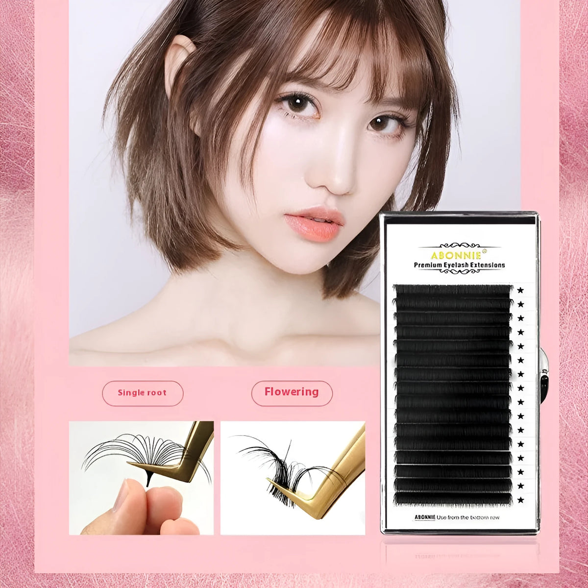 False eyelashes with 16 rows of mink hair on a matte wool base, showing length options from 8mm to 18mm.
