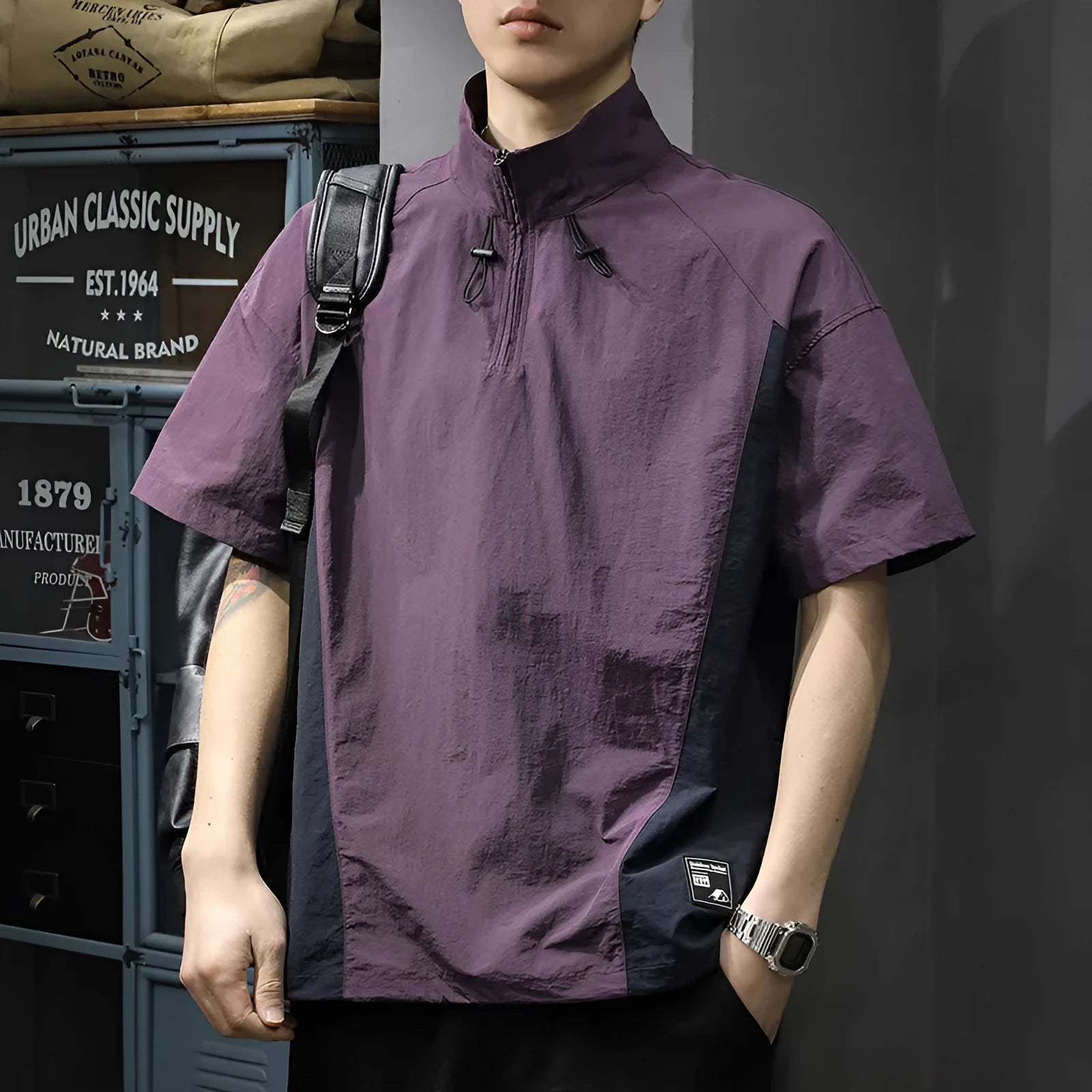 Men's brown half zip stand collar shirt with short sleeves and loose fit for summer business casual wear