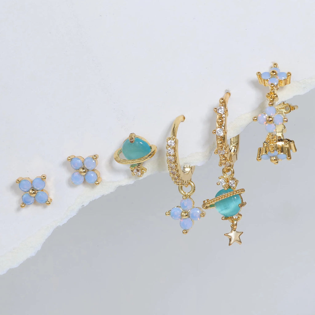 Gold or silver Japanese Korean style flower ear studs with zircon mosaic geometric design