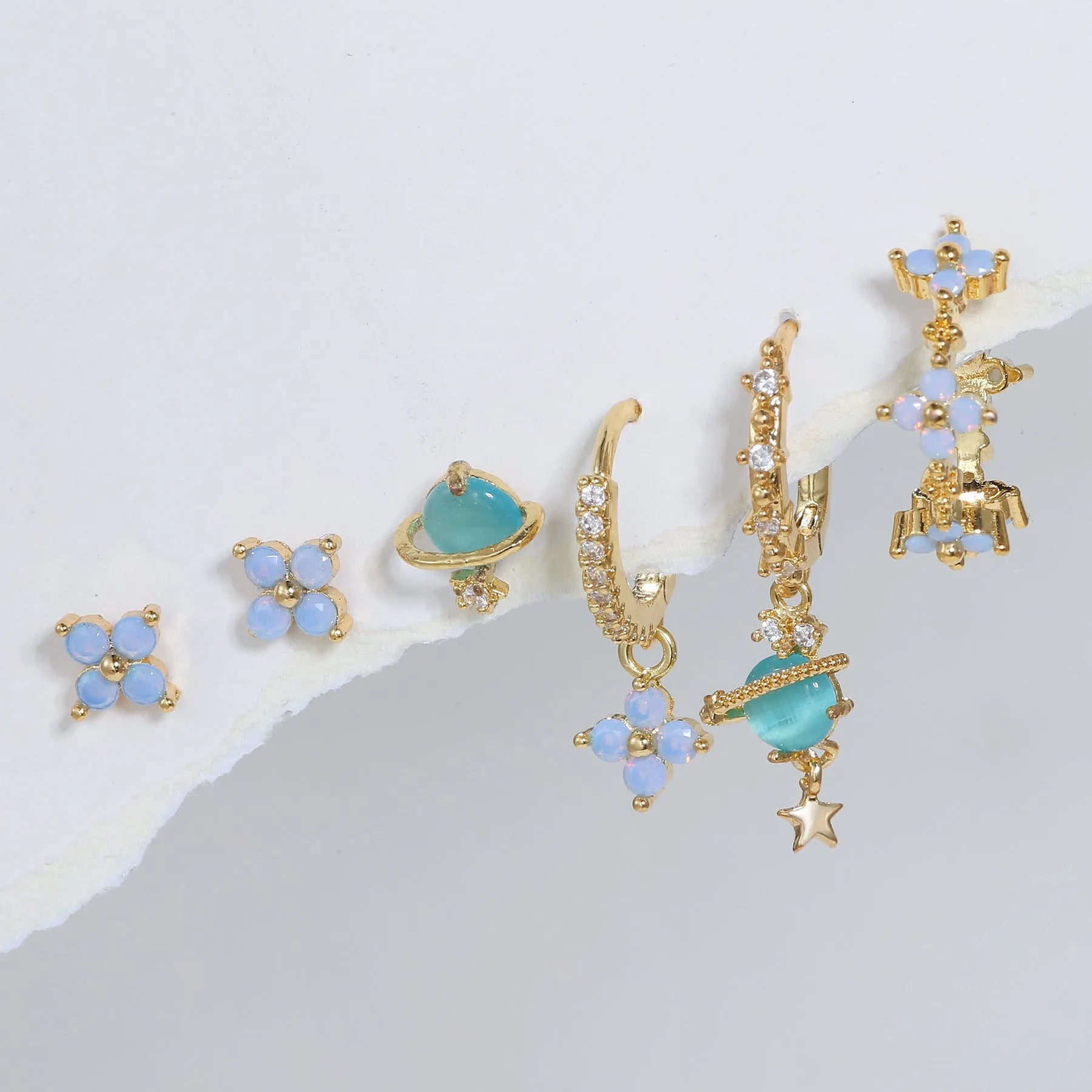 Gold or silver Japanese Korean style flower ear studs with zircon mosaic geometric design