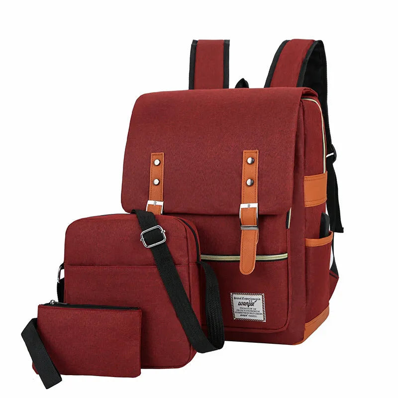 Large capacity three-piece backpack in wine red with curved shoulder straps and Oxford cloth construction