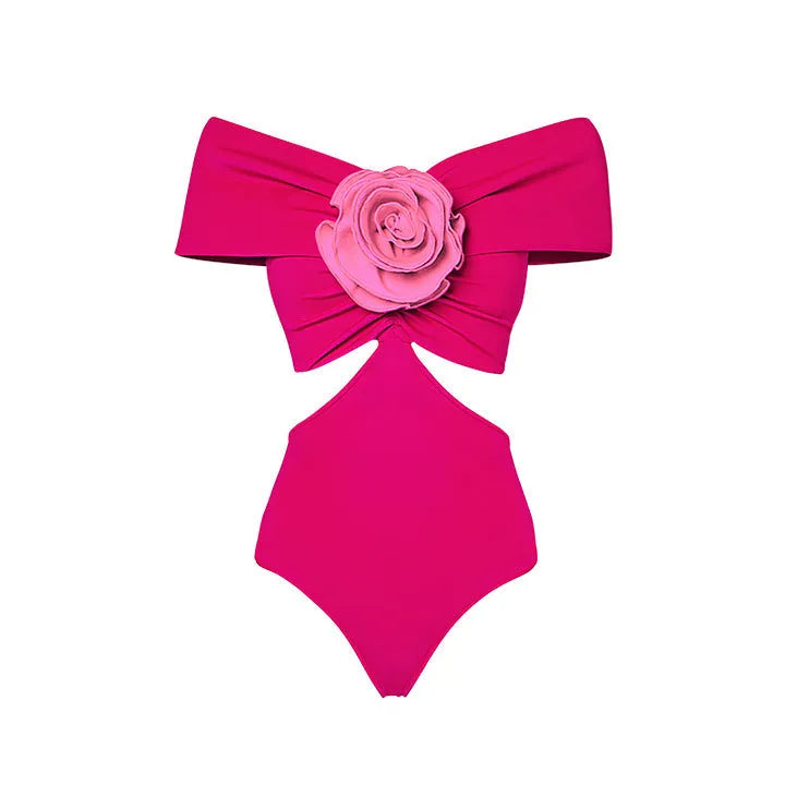 Women's floral hollow-out one-piece swimsuit with a separate matching blue skirt on a mannequin.