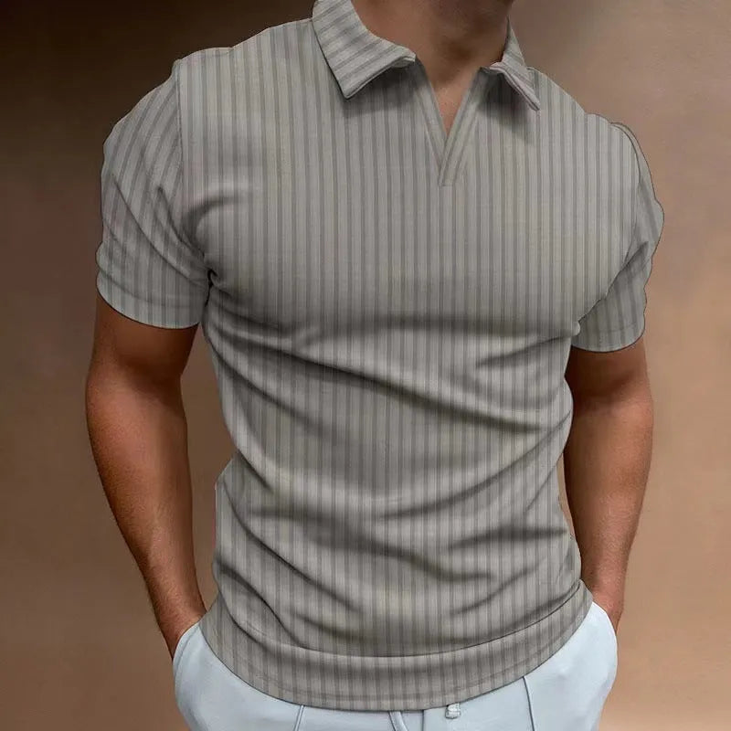 Men's striped V-neck short sleeve polo shirt in a cotton blend fabric, shown in one of seven available colours.
