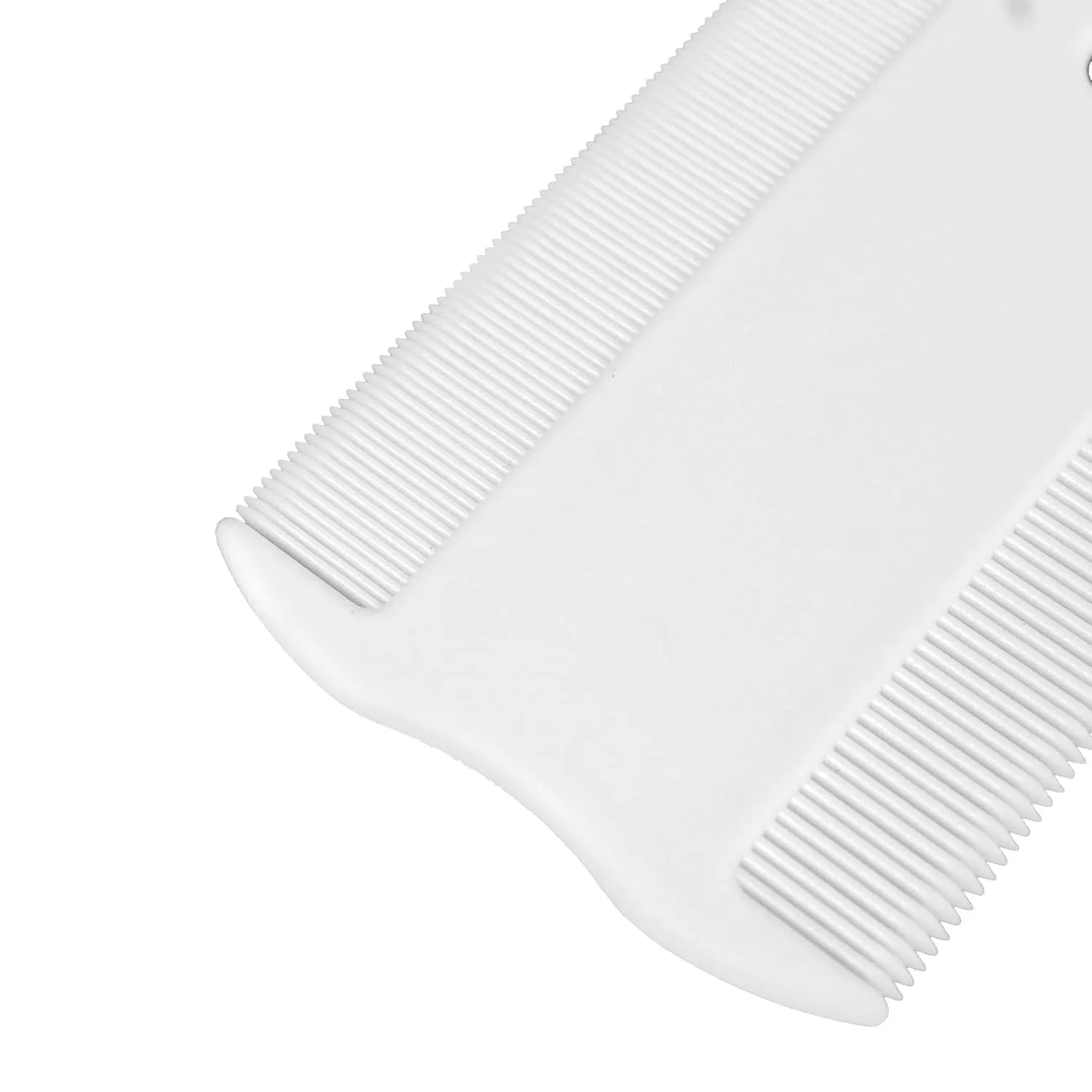 A small, white, double-sided plastic flea comb for pet face and tear stain grooming.