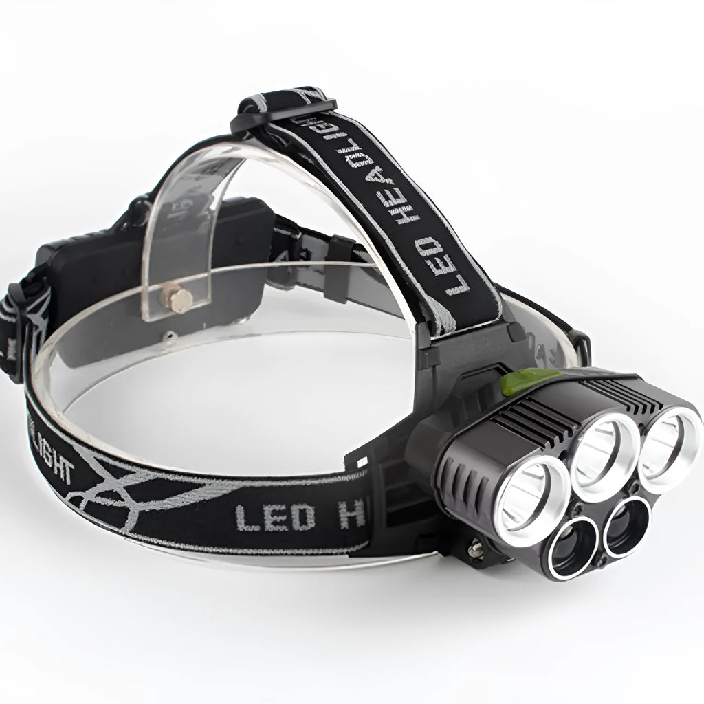 Head-mounted camping light with fixed focus beam, waterproof construction, battery power and LED light source