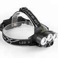 Head-mounted camping light with fixed focus beam, waterproof construction, battery power and LED light source