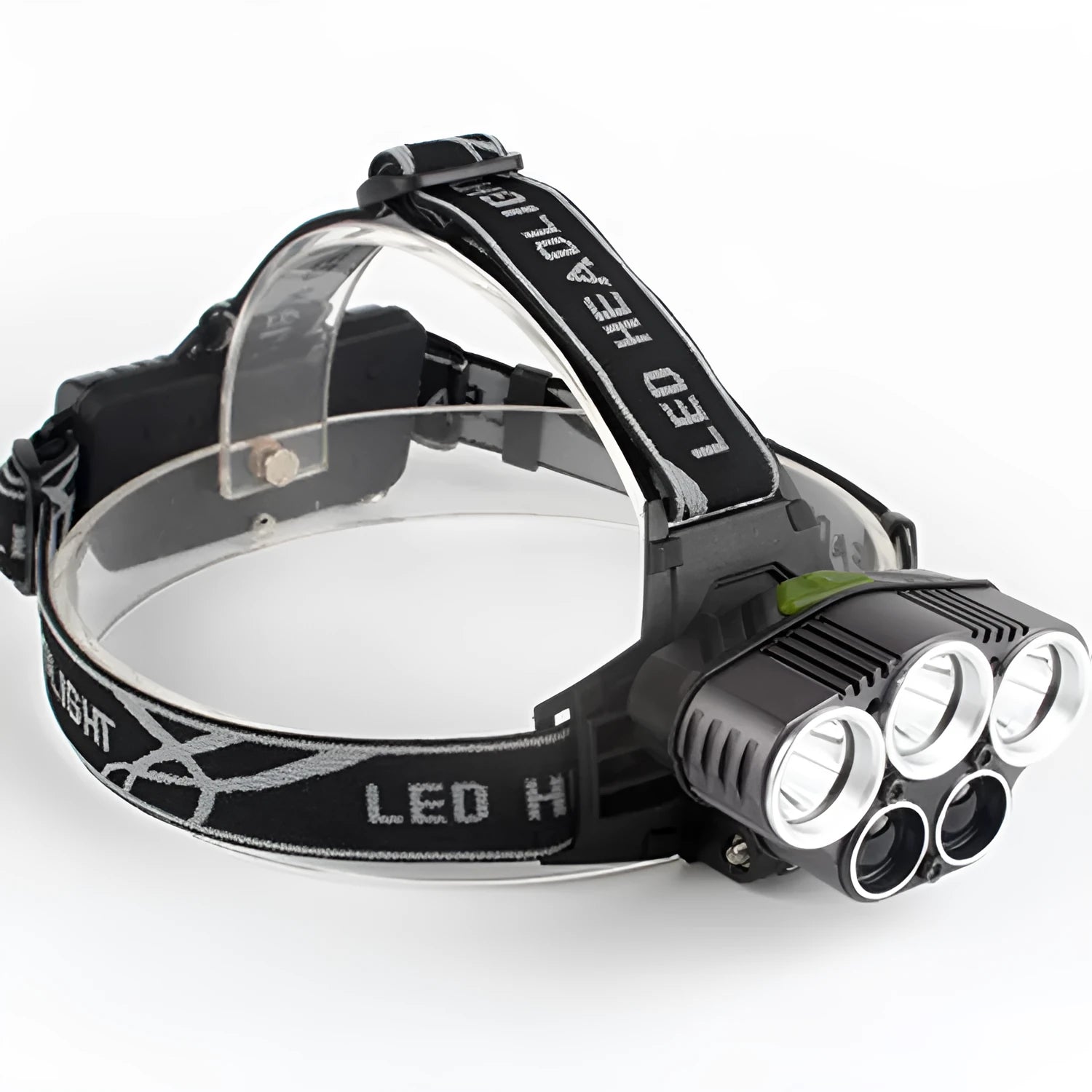 Head-mounted camping light with fixed focus beam, waterproof construction, battery power and LED light source