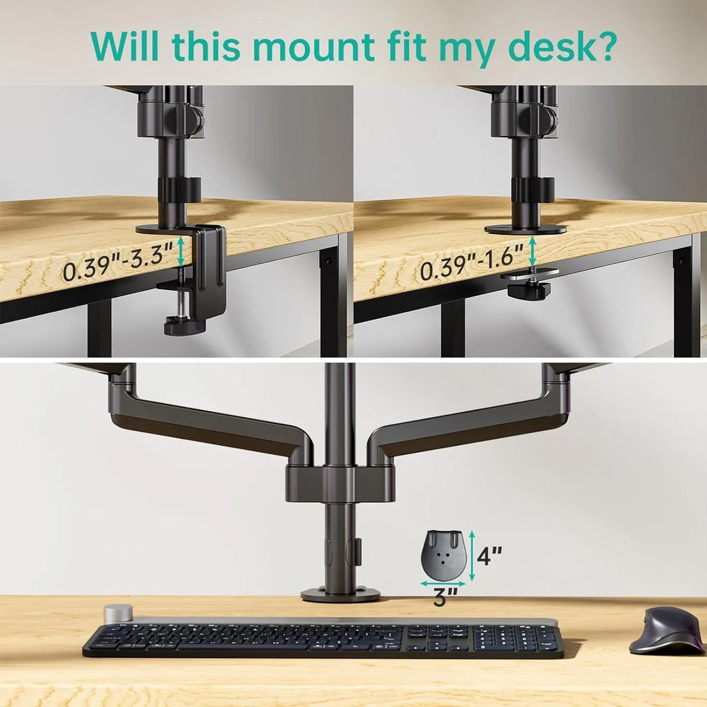 Black three-arm gas spring monitor mounting bracket for 13-27 inch computer screens.