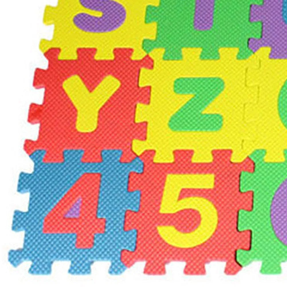 36-piece colourful foam puzzle mat set with removable alphabet and numbers, each tile 12cm x 12cm
