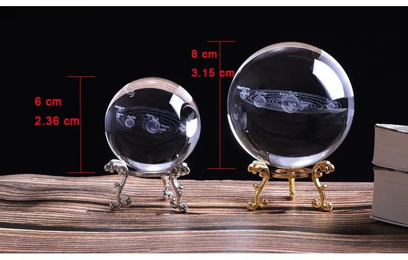Solar system 3D engraving inside clear K9 crystal ball on a wooden stand