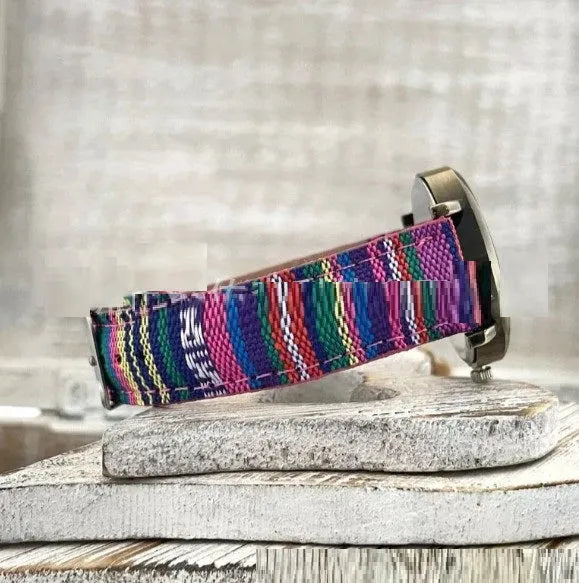 Multicolor rainbow pattern dial ladies watch with bronze metal case and woven PU leather strap