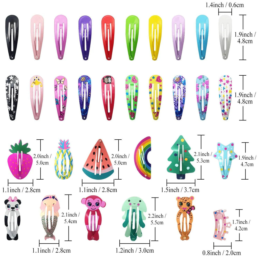 Assortment of 100 metal snap hair clips showing animal, fruit, crown, star, and flower designs.