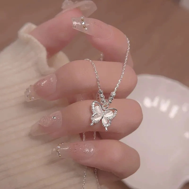 Women's square line opal butterfly necklace with 925 silver pendant on cross chain