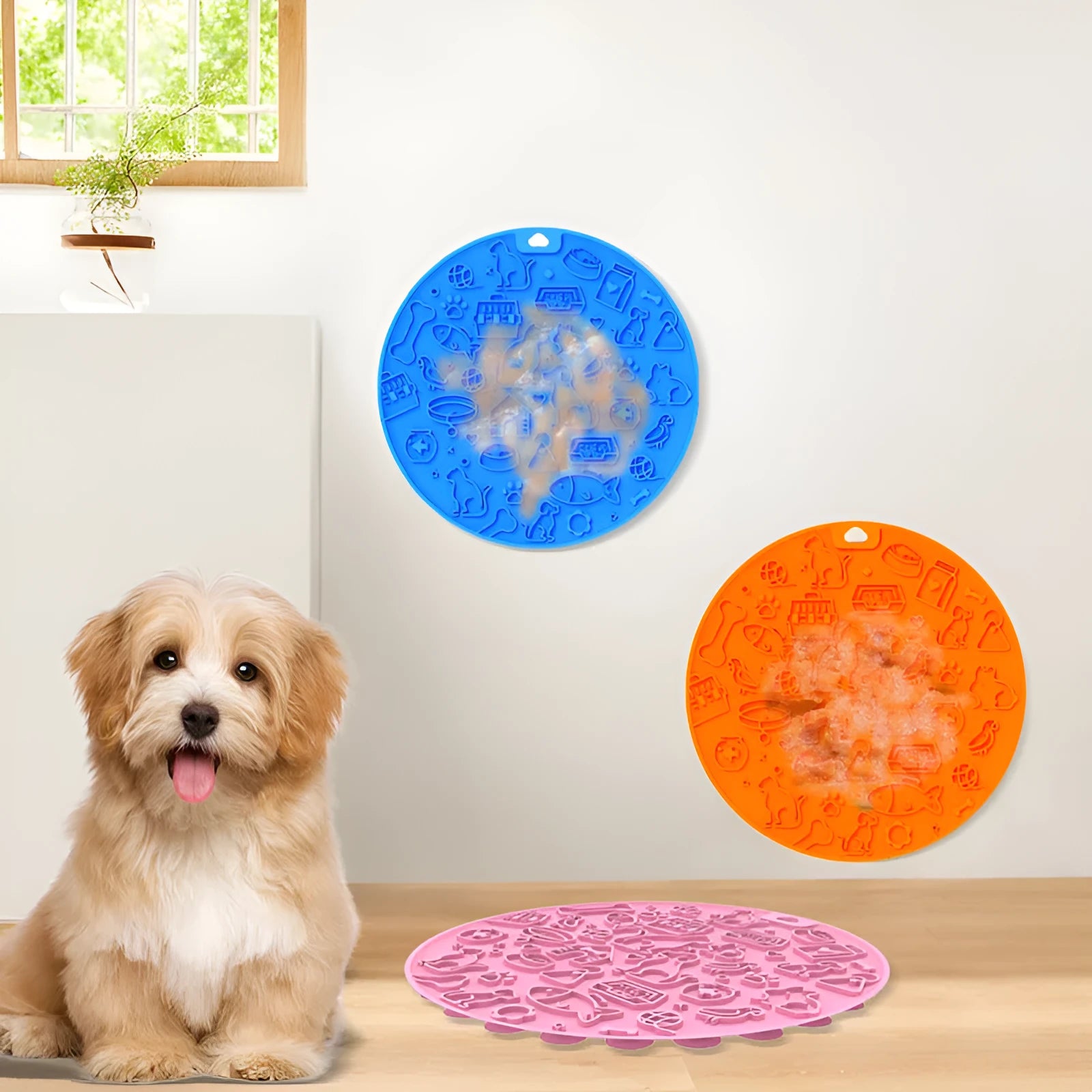 Round blue silicone pet licking mat with textured surface and white suction cup base
