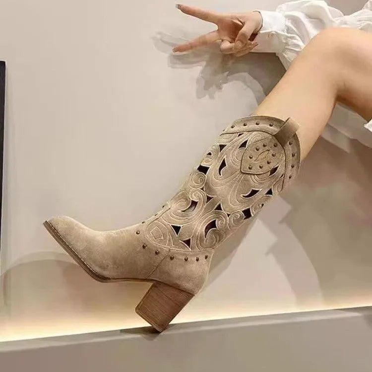 Western cowboy boot with chunky heel, V-cut embroidery, hollow-out design, artificial PU upper in khaki