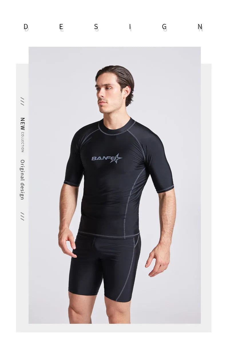 Men's half-sleeve nylon swimsuit set in blue for snorkelling and surfing with matching top and pants