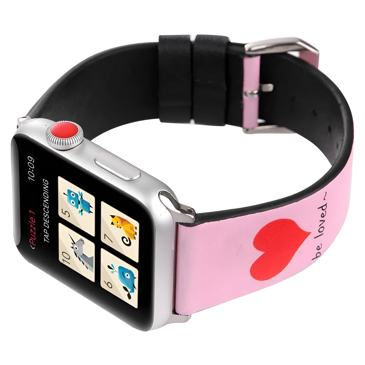 Leather watch strap with red heart on black ground, shown in 38mm, 42mm and 44mm sizes.