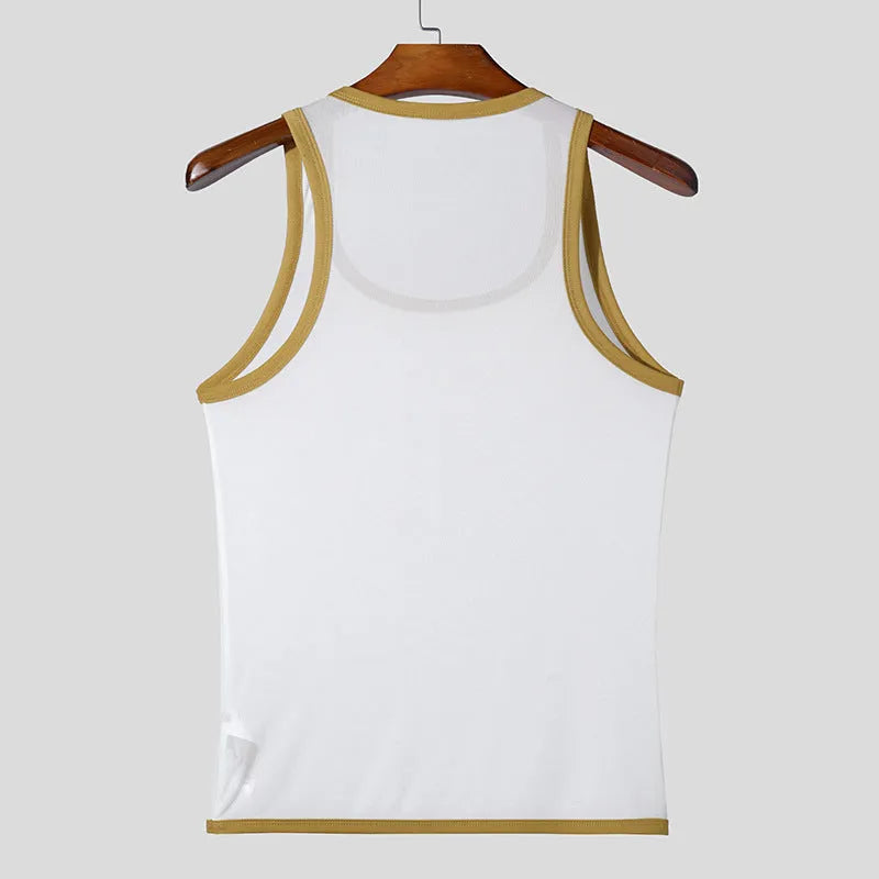 Men's tight white mesh sports vest with straight hem on a manikin