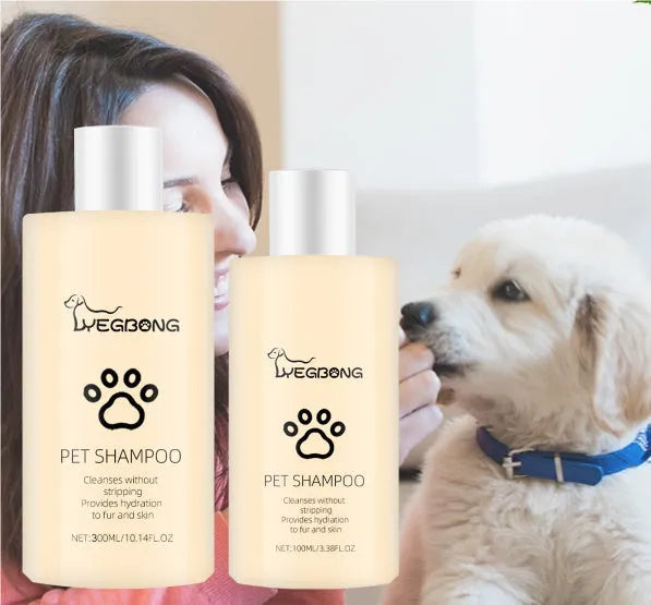 Bottle of mild pet shampoo for dogs for softening and detangling coat, shown in 100ml and 300ml size options.