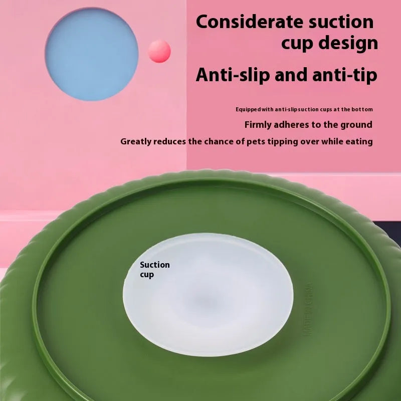 Pet slow feeder bowl with a rotating game board and textured silicone licking mat in various colours.