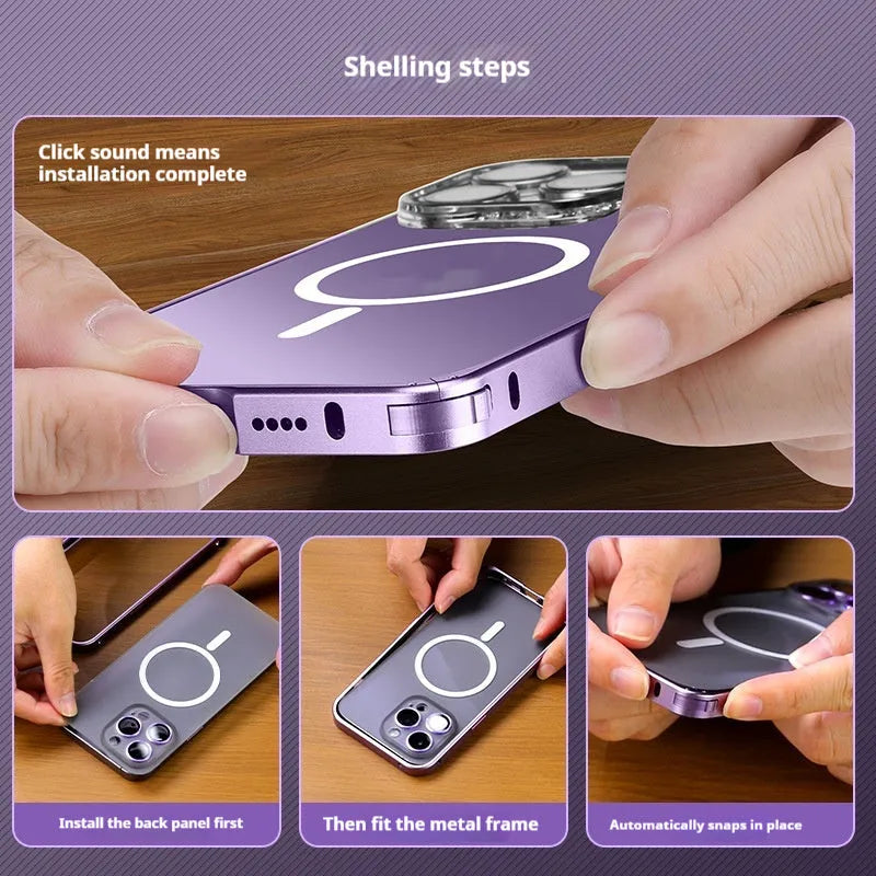 Metal frame phone case for iPhone 17 with magnetic suction and transparent back in Titanium Gray