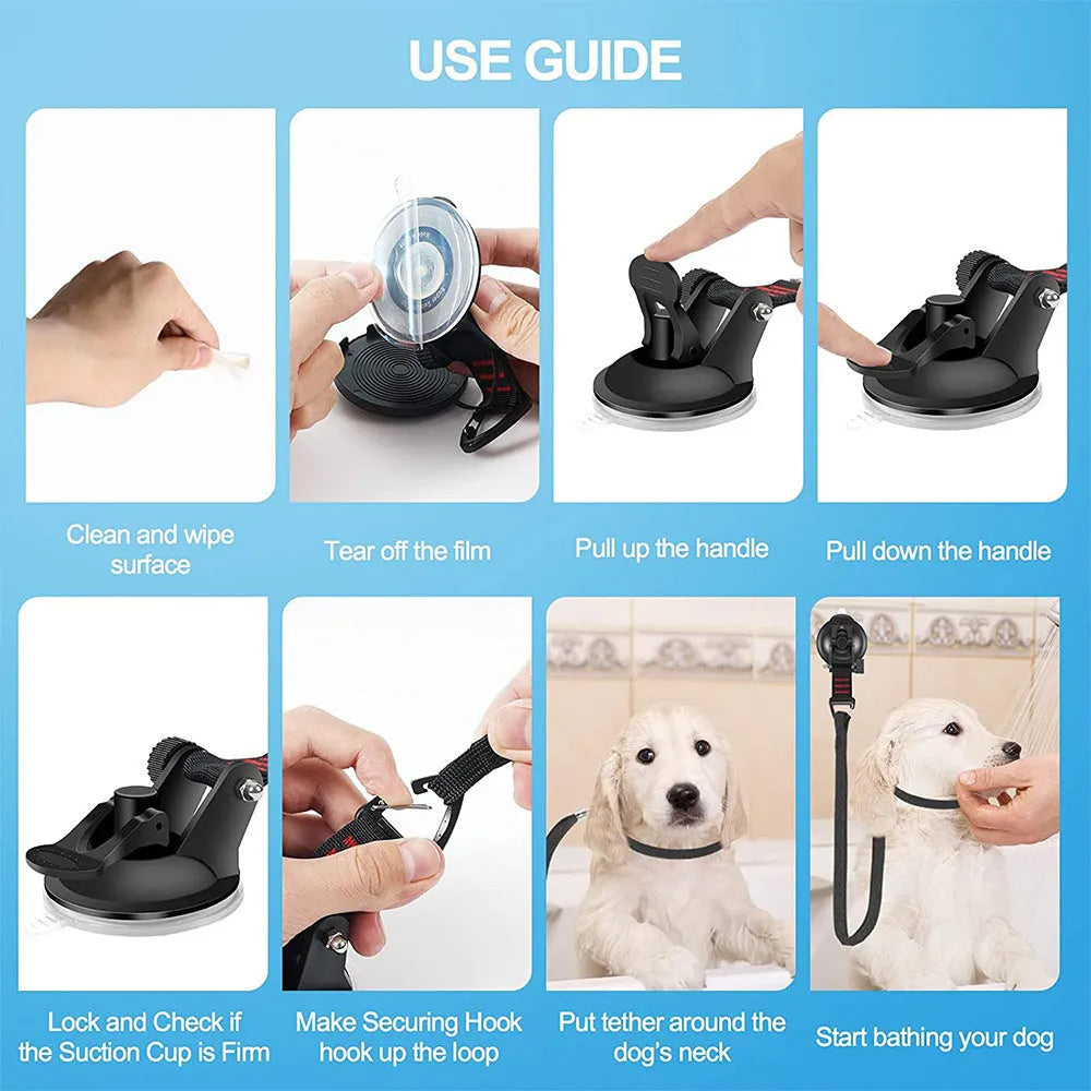 Finished pet bathing restraint with suction cups and traction rope on a blue background.