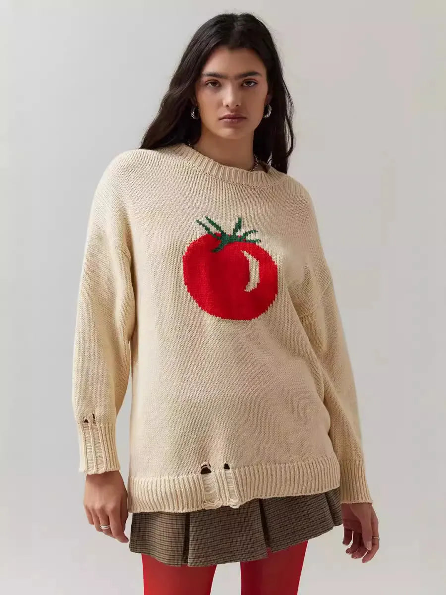Women's acrylic jacquard pullover sweater with round neck and loose-fitting design in milky white