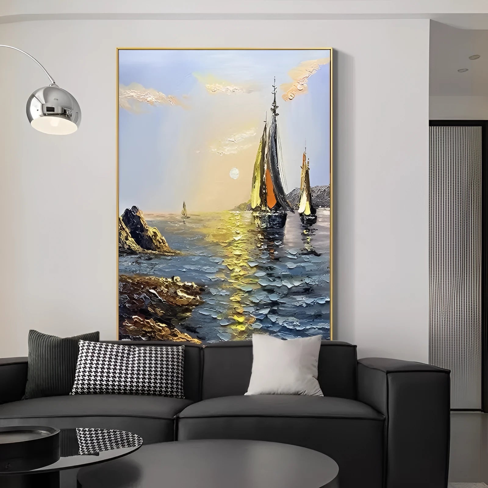 Hand-painted sea boat oil painting on canvas, modern landscape, unframed vertical wall art for living room