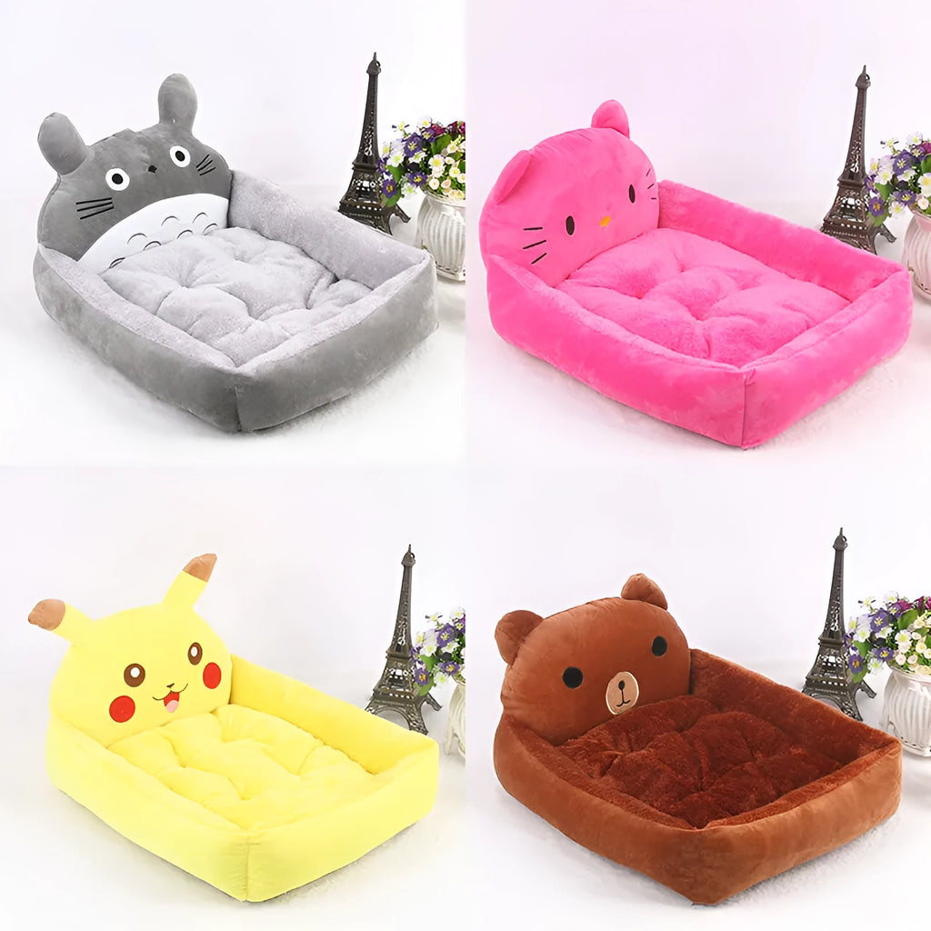 Cartoon-style plush pet sofa bed for small dogs and cats in blue colour, showcasing raised edges and non-slip bottom.