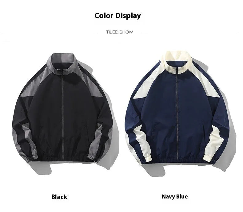 Men's black casual jacket with contrast stitching detail and side pockets, shown in loose fit for spring and autumn wear