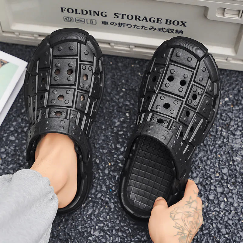 Men's sand coloured EVA hole shoes with thick sole and slip-on design.