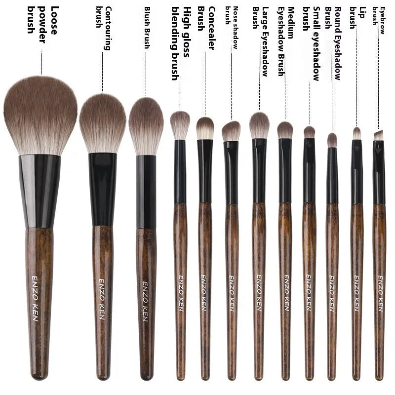12-piece makeup brush set with wooden handles in PU storage bag including powder foundation brush