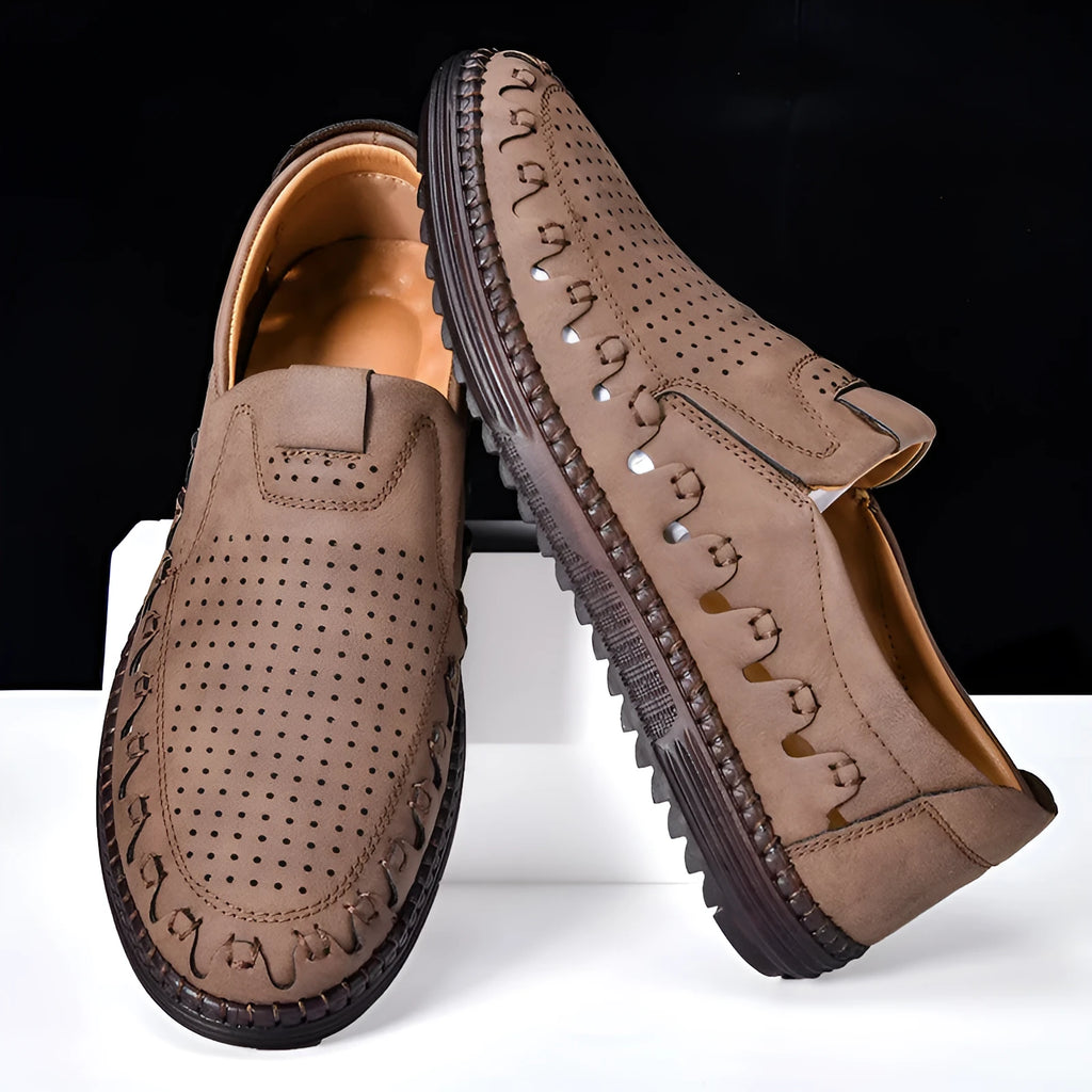 Men's brown slip-on casual shoes with round toe and sewing line details
