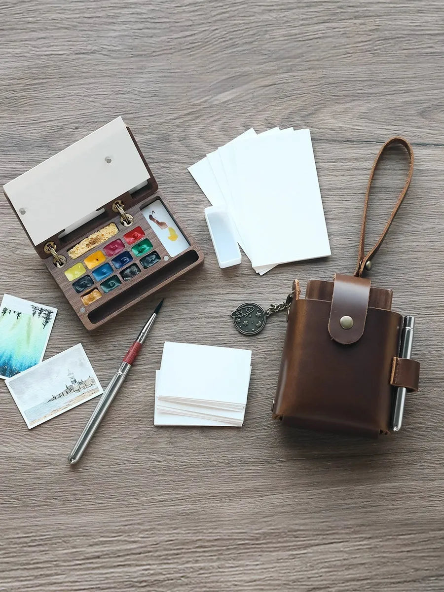 Mini walnut wooden watercolour paint box travel art set with pigment selection options