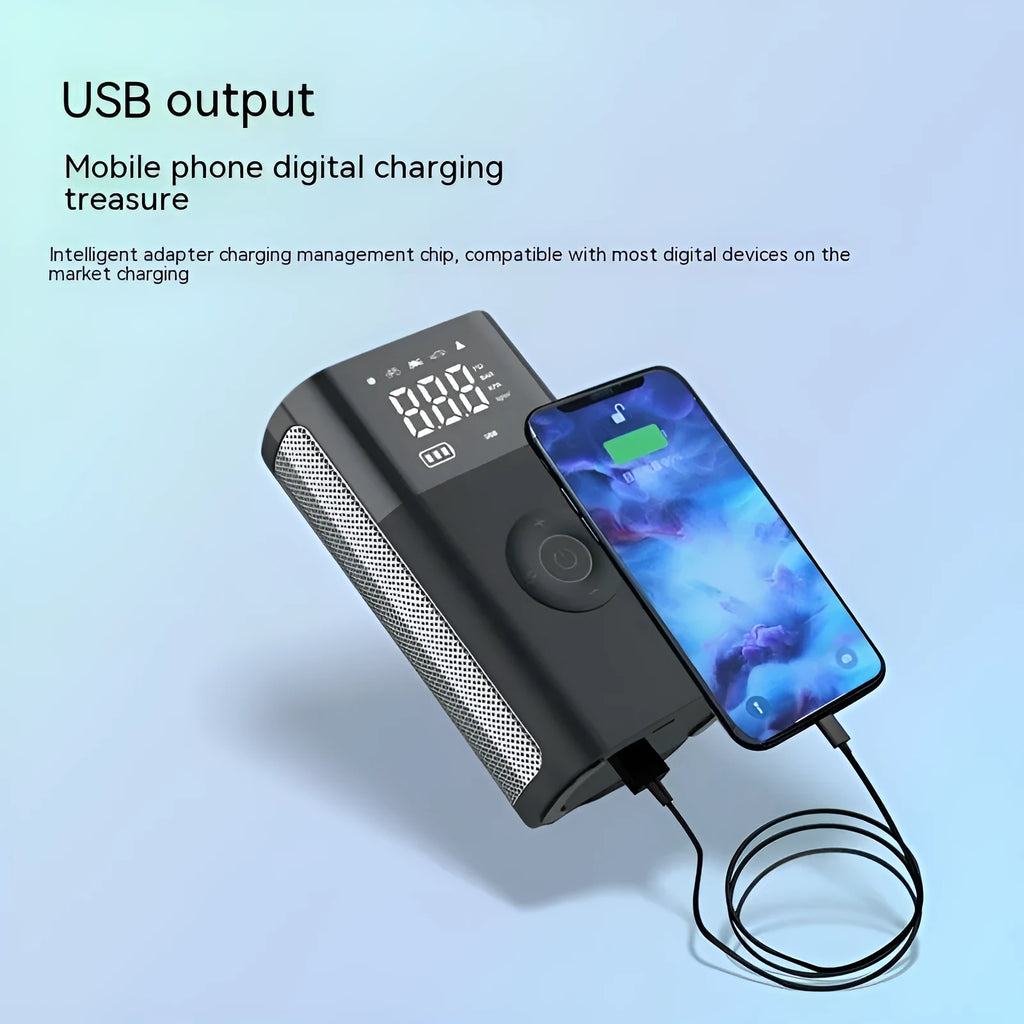 Wireless handheld digital air pump with display screen showing tyre pressure, surrounded by nozzle attachments for car, bicycle and sports inflation