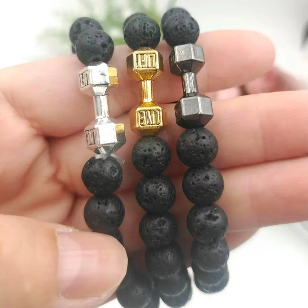 Men's 18cm alloy dumbbell bracelet with volcanic stone beads on elastic cord in volcanic black