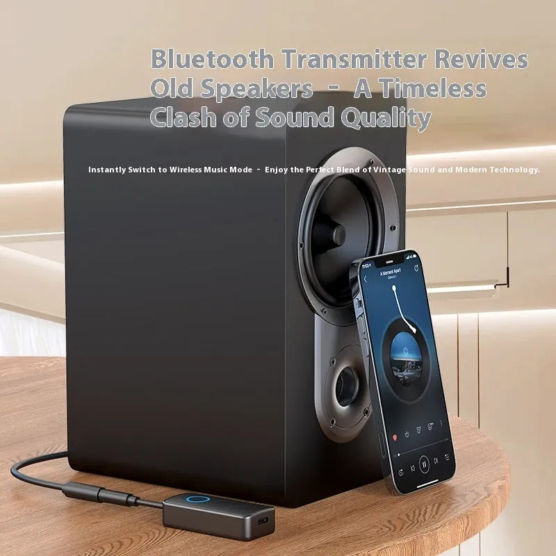 Black Bluetooth 5.4 audio adapter with a 3.5mm plug for wireless music streaming.