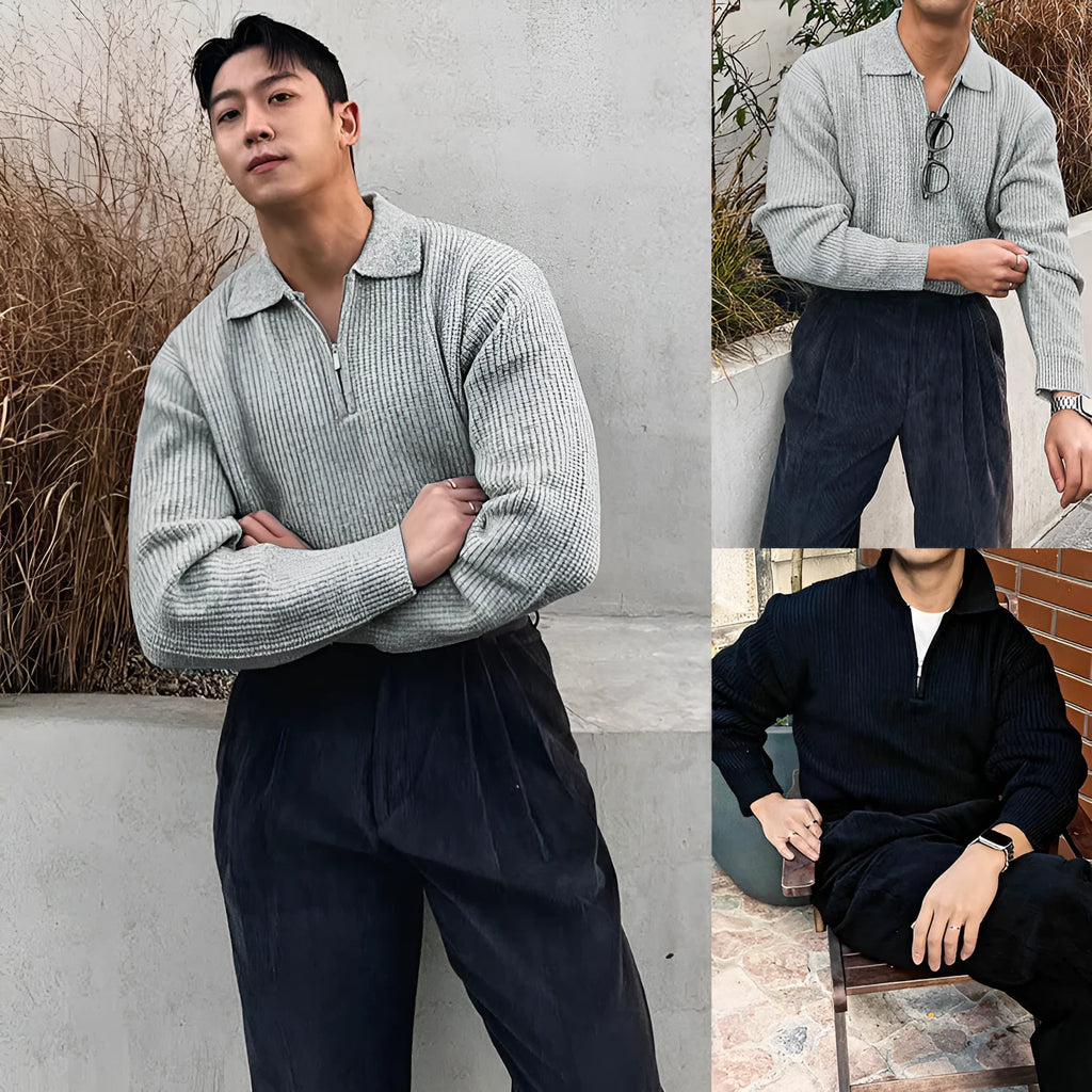 Men's half-zip knitted jacket in black or gray, ice silk polyester, slim fit, turn-down collar, sizes M to XXXL