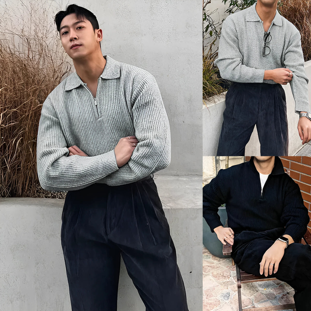 Men's half-zip knitted jacket in black or gray, ice silk polyester, slim fit, turn-down collar, sizes M to XXXL
